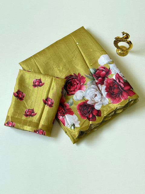 Tussar Saree with Rose Flower Print Olive Green