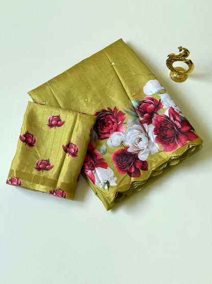 Tussar Saree with Rose Flower Print Olive Green