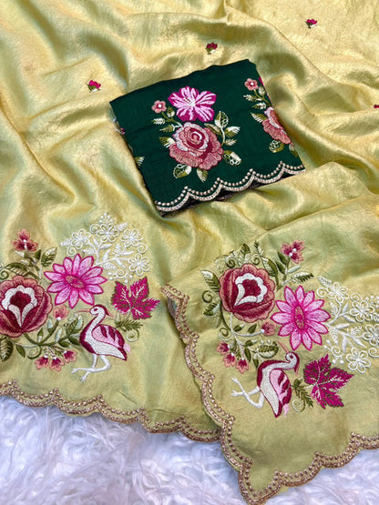 Shree Guldasta Goldy Shiny Partywear Saree Olive Green