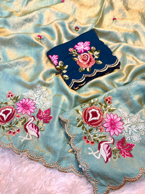 Shree Guldasta Goldy Shiny Partywear Saree Sky Blue