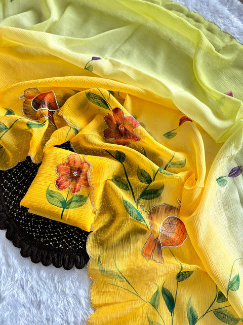 Soft Cloud Crush Silk Saree with Hand-Painted Art & Handwork Golden Yellow