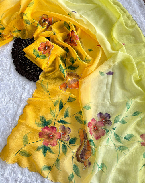 Soft Cloud Crush Silk Saree with Hand-Painted Art & Handwork Golden Yellow