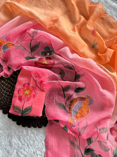 Soft Cloud Crush Silk Saree with Hand-Painted Art & Handwork Coral