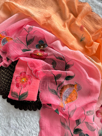 Soft Cloud Crush Silk Saree with Hand-Painted Art & Handwork Coral