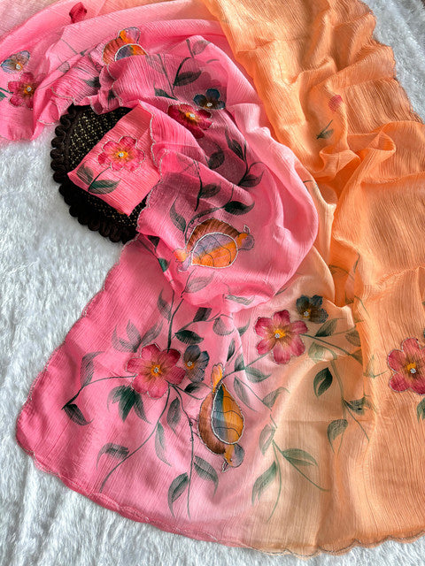 Soft Cloud Crush Silk Saree with Hand-Painted Art & Handwork Coral