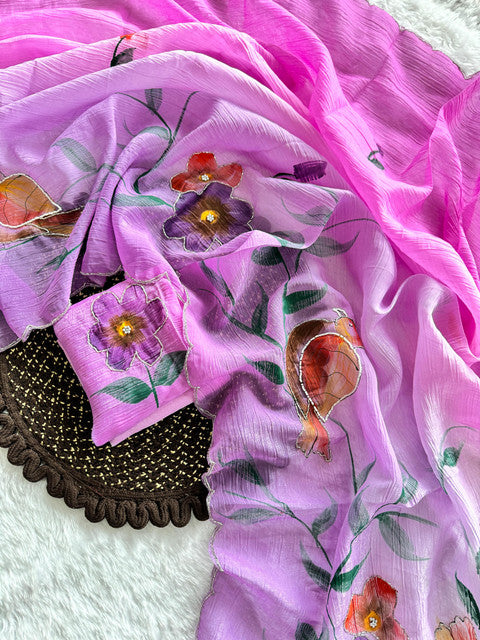 Soft Cloud Crush Silk Saree with Hand-Painted Art & Handwork Pink