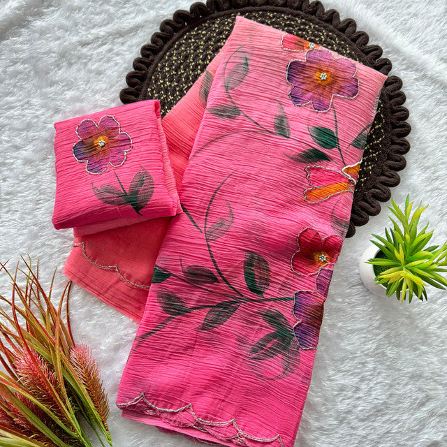 Soft Cloud Crush Silk Saree with Hand-Painted Art & Handwork Rani Pink