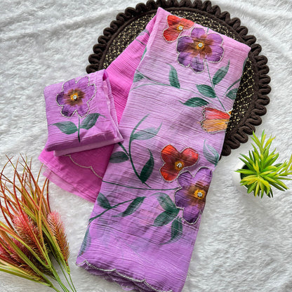 Soft Cloud Crush Silk Saree with Hand-Painted Art & Handwork Pink
