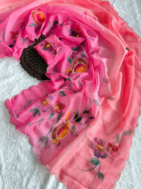 Soft Cloud Crush Silk Saree with Hand-Painted Art & Handwork Rani Pink