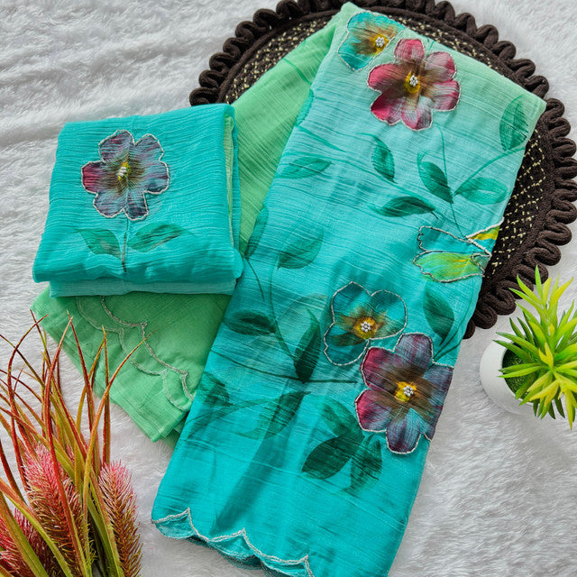 Soft Cloud Crush Silk Saree with Hand-Painted Art & Handwork Turquoise