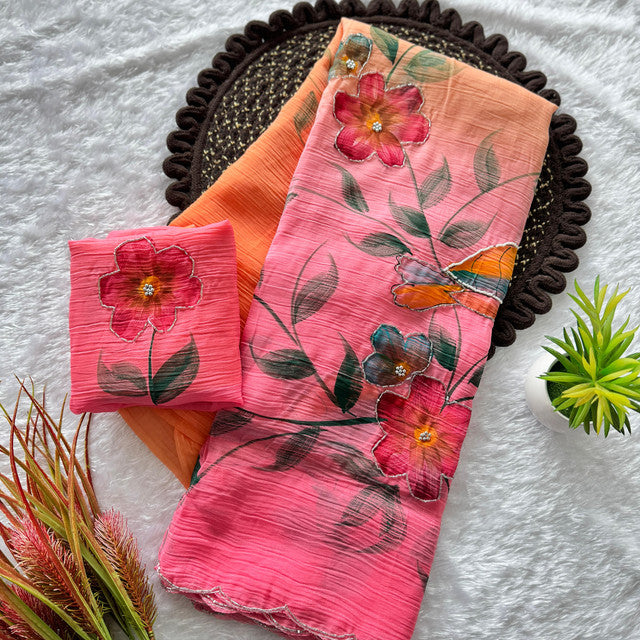 Soft Cloud Crush Silk Saree with Hand-Painted Art & Handwork Coral