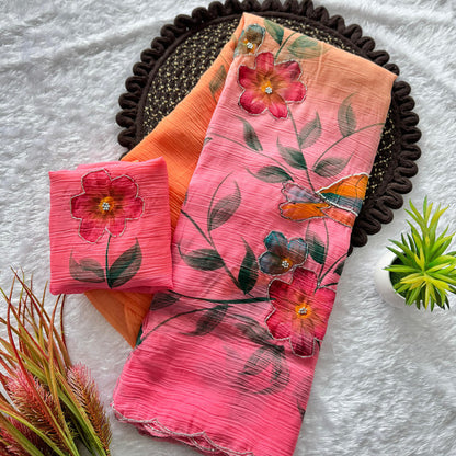 Soft Cloud Crush Silk Saree with Hand-Painted Art & Handwork Coral