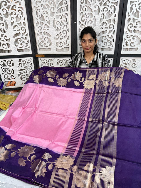 Banarasi Jamdani Mango Soft Silk Saree with Designer Weaving Pink