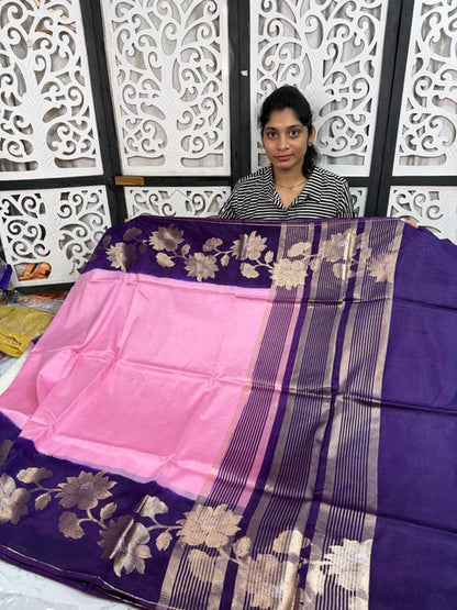 Banarasi Jamdani Mango Soft Silk Saree with Designer Weaving Pink