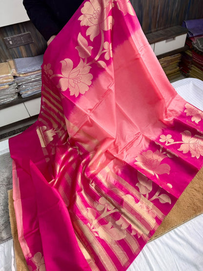 Banarasi Jamdani Mango Soft Silk Saree with Designer Weaving Rani Pink