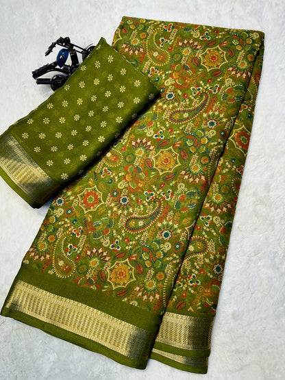 Soft Lightweight Georgette Saree with Uniform Design Olive Green