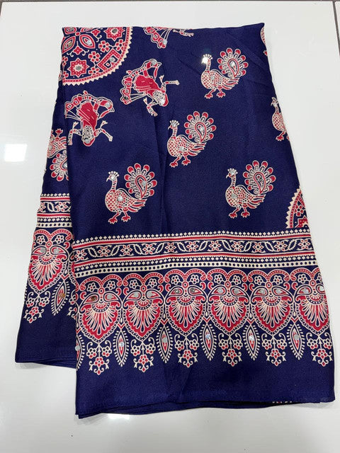 Pure Arjakh Dull Moss Designer Print Saree with Mirror Work Navy Blue