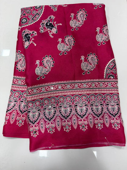 Pure Arjakh Dull Moss Designer Print Saree with Mirror Work Magenta
