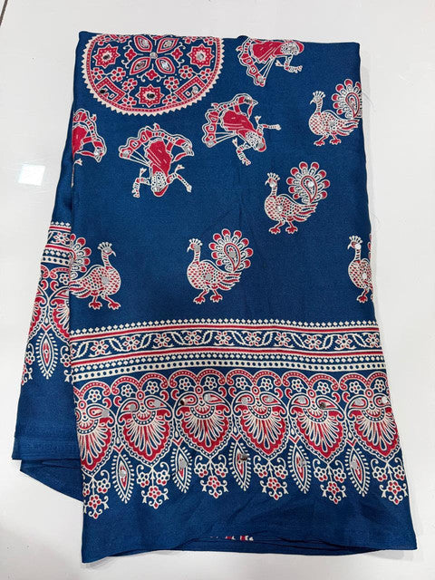 Pure Arjakh Dull Moss Designer Print Saree with Mirror Work Blue