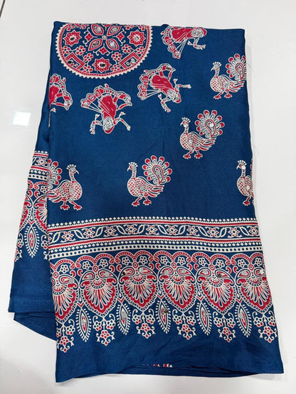 Pure Arjakh Dull Moss Designer Print Saree with Mirror Work Blue