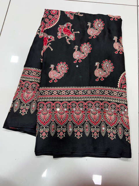 Pure Arjakh Dull Moss Designer Print Saree with Mirror Work Black