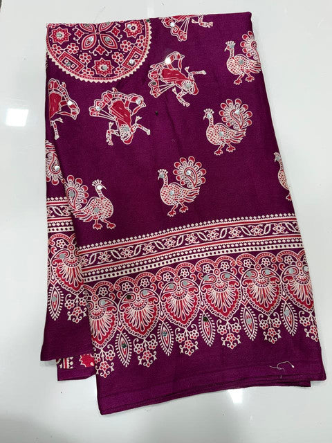 Pure Arjakh Dull Moss Designer Print Saree with Mirror Work Maroon