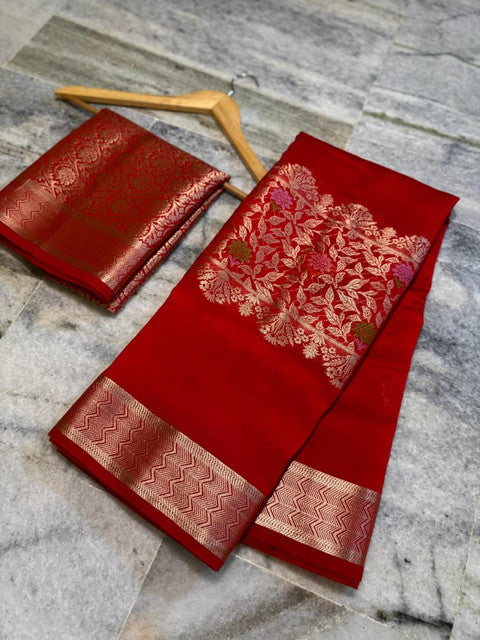 Banarasi Viscose Silk Half Buti Ada Saree with Alfi Butta Weaving Crimson Red
