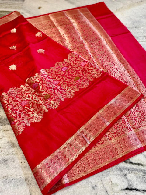 Banarasi Viscose Silk Half Buti Ada Saree with Alfi Butta Weaving Red