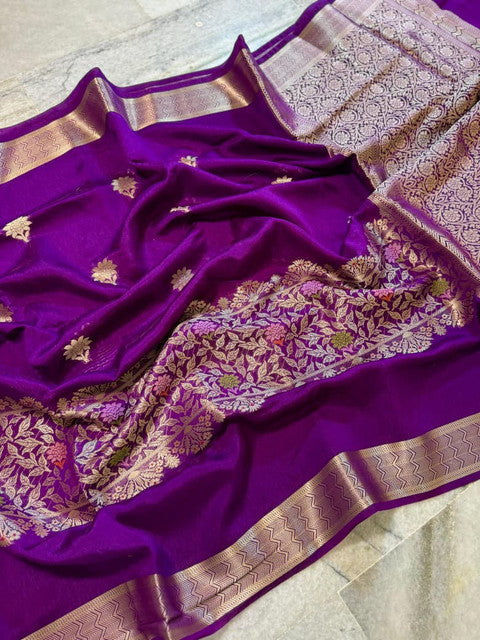 Banarasi Viscose Silk Half Buti Ada Saree with Alfi Butta Weaving Purple