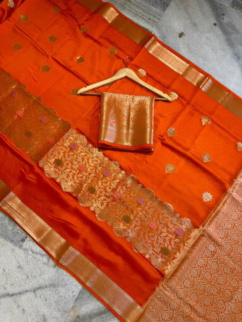 Banarasi Viscose Silk Half Buti Ada Saree with Alfi Butta Weaving Orange