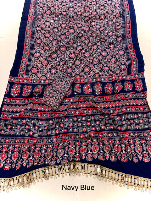 Pure Arjakh Satin Viscose Silk Saree with Designer Print & Mirror Work Navy Blue