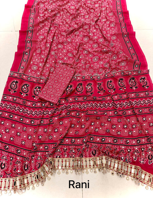 Pure Arjakh Satin Viscose Silk Saree with Designer Print & Mirror Work Red