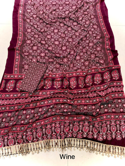 Pure Arjakh Satin Viscose Silk Saree with Designer Print & Mirror Work Maroon