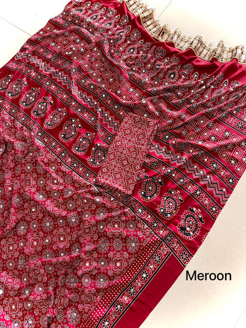 Pure Arjakh Satin Viscose Silk Saree with Designer Print & Mirror Work Crimson Red