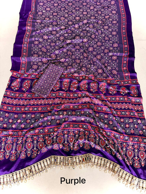 Pure Arjakh Satin Viscose Silk Saree with Designer Print & Mirror Work Purple