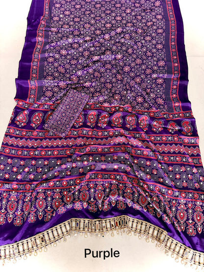 Pure Arjakh Satin Viscose Silk Saree with Designer Print & Mirror Work Purple