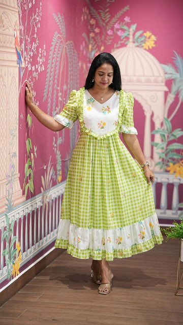 Ingham Soft Cotton Check Print Maxi Dress Mint Green