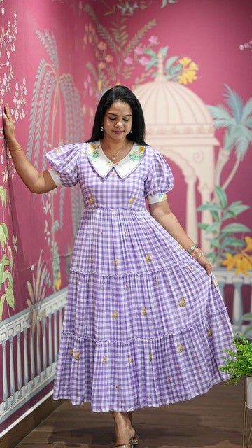 Ingham Soft Cotton Check Print Maxi Dress Lavender