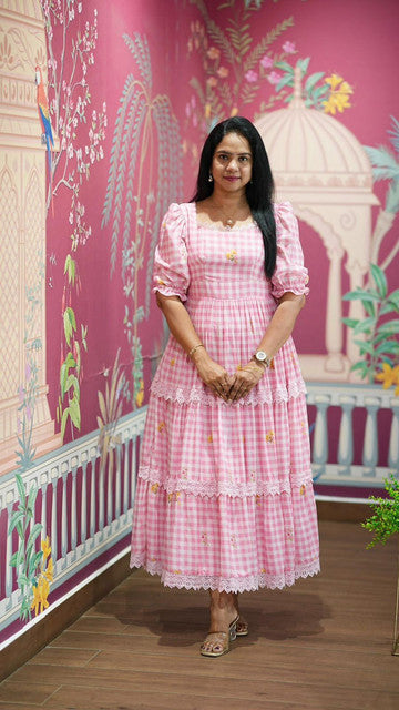 Ingham Soft Cotton Check Print Maxi Dress Baby Pink