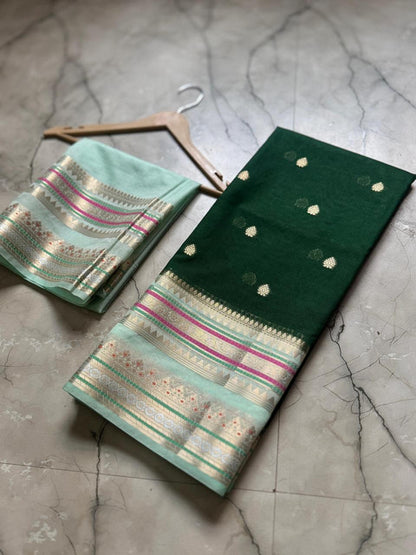 Banarasi Dyble Dupion Soft Silk Saree with Butti Weaving Emerald Green