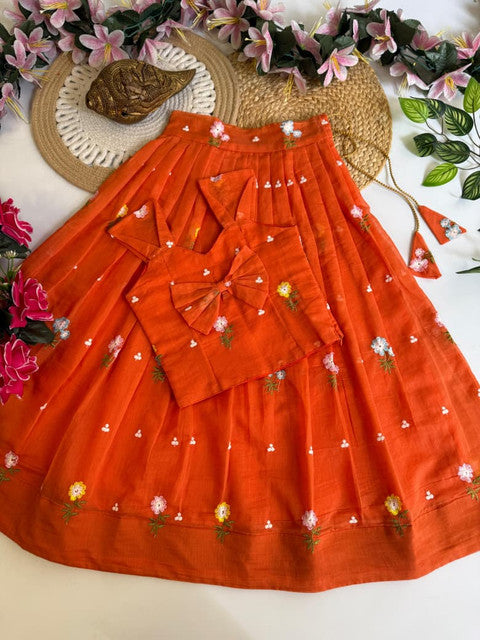 Mul Chanderi Embroidered Lehenga with Matching Tassels Rust