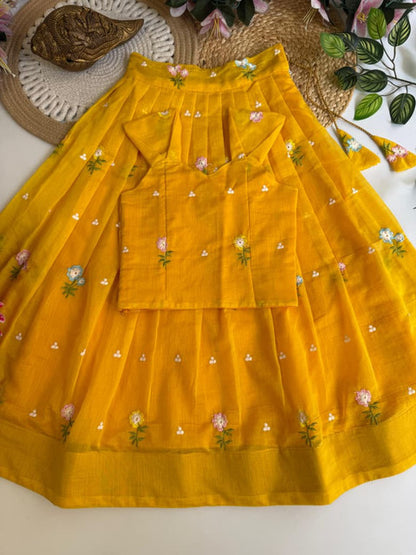 Mul Chanderi Embroidered Lehenga with Matching Tassels Mustard