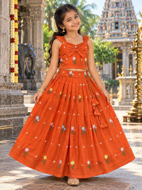 Mul Chanderi Embroidered Lehenga with Matching Tassels Orange