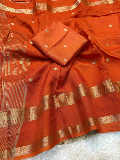 Pure Viscose Kota Doriya Saree with Jacquard Border and Butti Orange