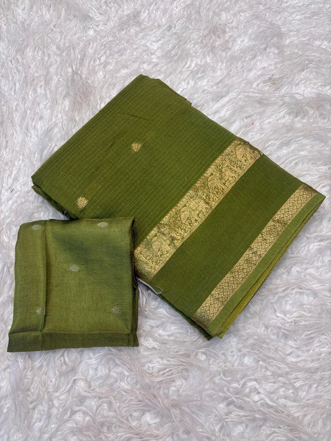 Pure Viscose Kota Doriya Saree with Jacquard Border and Butti Olive Green