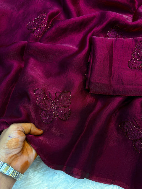 Space Satin Saree with Sequin Work and Running Blouse Maroon