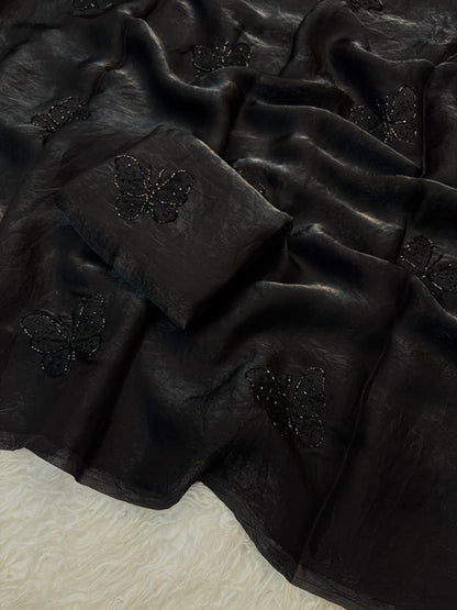 Space Satin Saree with Sequin Work and Running Blouse Black