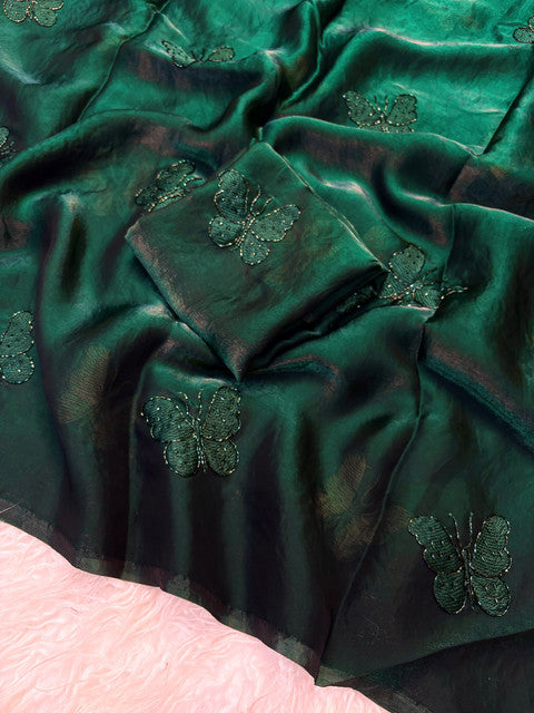 Space Satin Saree with Sequin Work and Running Blouse Emerald Green