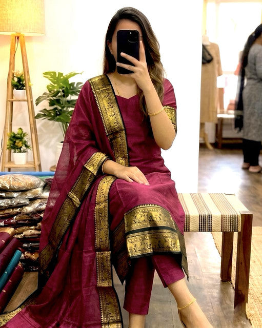 Heavy Kanchi Cotton Stitched Kurti with Zari Weaving and Dupatta Maroon
