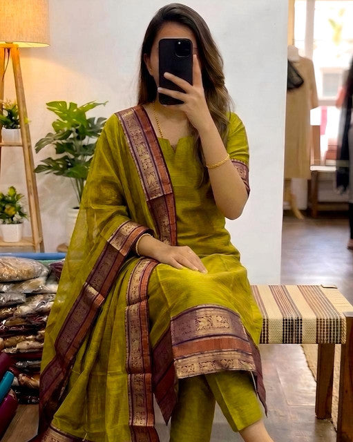 Heavy Kanchi Cotton Stitched Kurti with Zari Weaving and Dupatta Gold